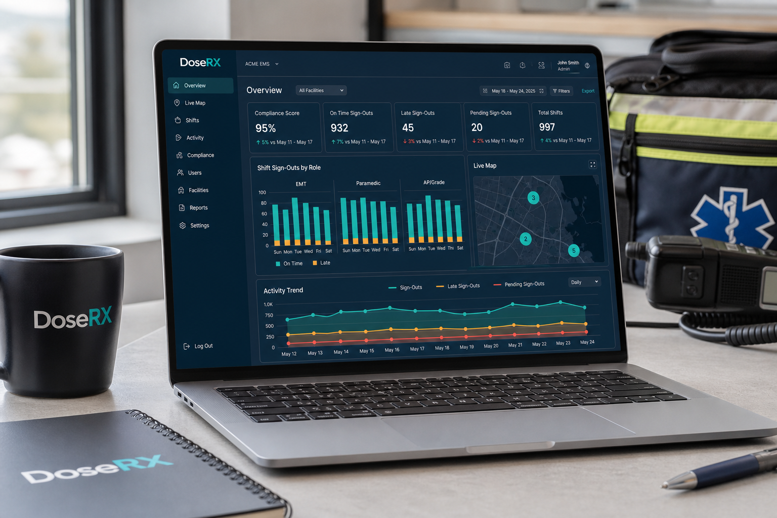 DoseRX laptop — analytics and live map