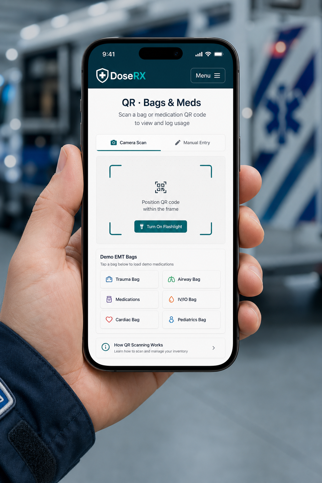 DoseRX mobile — QR scan and bag workflows