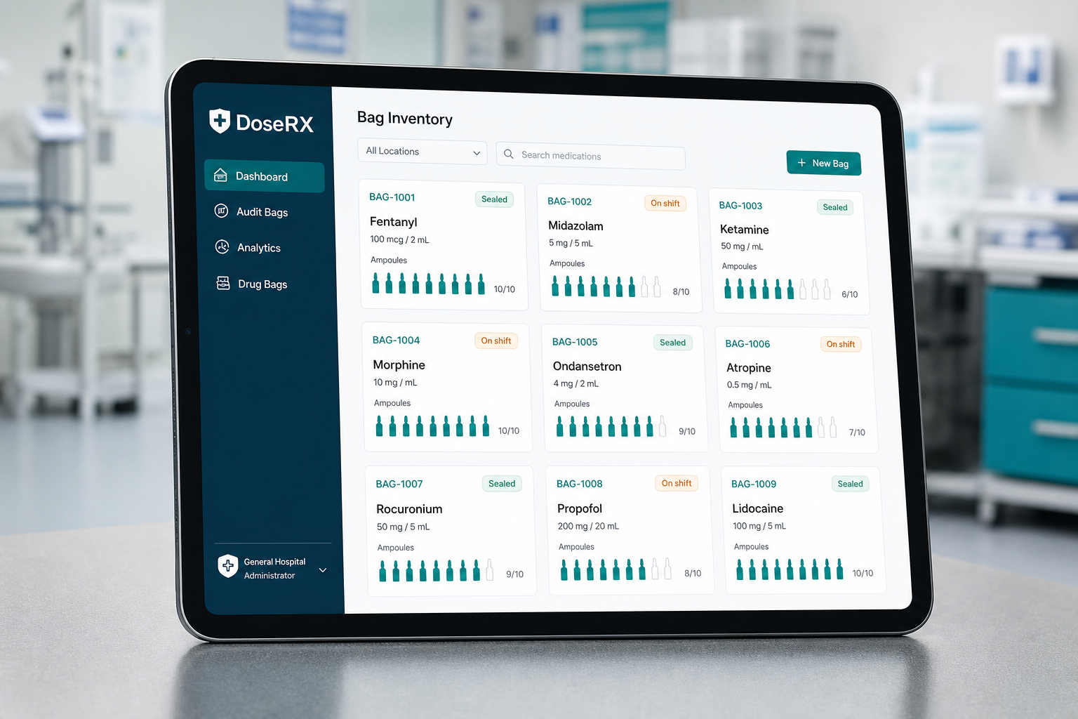 DoseRX tablet — inventory and bag fleet